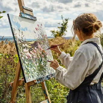 Artist painting a hedgerow landscape outdoors - Image 1