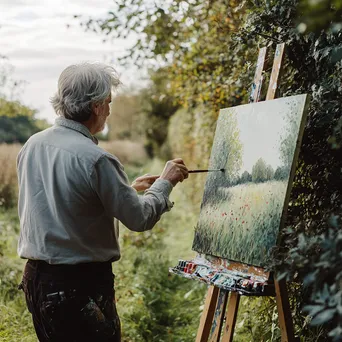 Artist painting a hedgerow landscape outdoors - Image 2