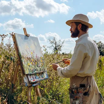 Artist painting a hedgerow landscape outdoors - Image 4