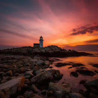 Solitary lighthouse on rocky coastline under vibrant sunset sky - Image 1