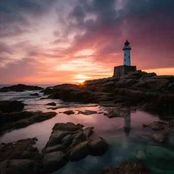 Solitary lighthouse on rocky coastline under vibrant sunset sky - Image 2