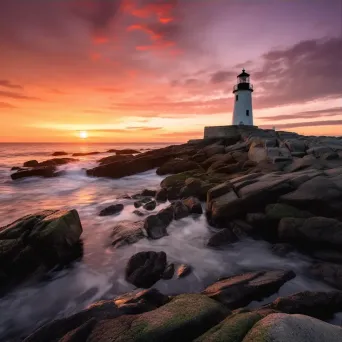 Solitary lighthouse on rocky coastline under vibrant sunset sky - Image 3