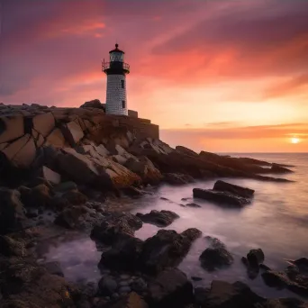 Lighthouse on Rocky Coastline at Sunset