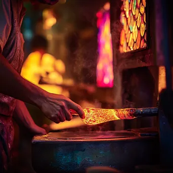 Close-up of hands shaping hot glass in a workshop - Image 3