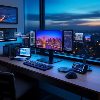 Modern office setup with dual monitors and desk organizers in cool light - Image 3