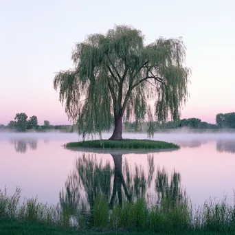 Willow tree leaning over still lake at dawn - Image 1