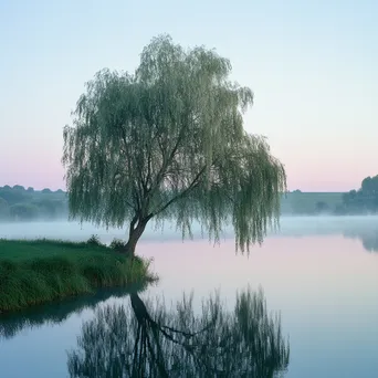 Willow tree leaning over still lake at dawn - Image 3