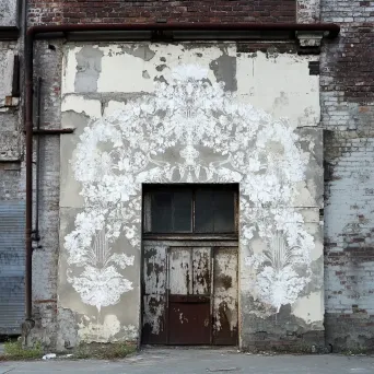 An urban ruin adorned with intricate, lace-like white graffiti stencil - Image 2