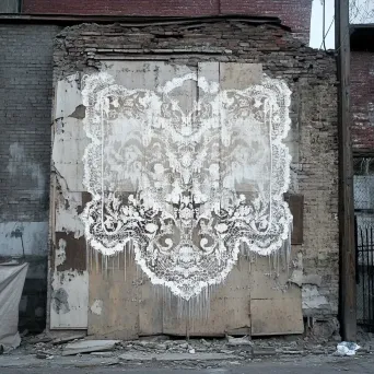 An urban ruin adorned with intricate, lace-like white graffiti stencil - Image 3