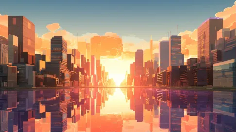 Isometric view of a low poly bustling city at sunset - Image 1