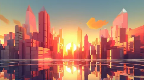 Isometric view of a low poly bustling city at sunset - Image 2