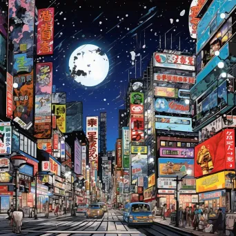 Abstract pop art cityscape at night with billboards featuring manga characters - Image 4