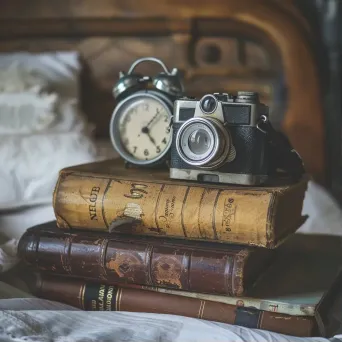 Vintage film camera, retro alarm clock, and old books on a bedside table - Image 1