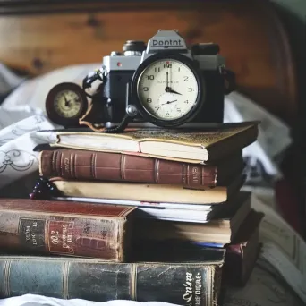 Vintage film camera, retro alarm clock, and old books on a bedside table - Image 3