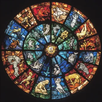 Rich, jewel-like stained glass window depicting the zodiac, blending medieval cathedral art with modern astrology - Image 2