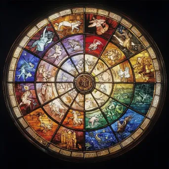 Rich, jewel-like stained glass window depicting the zodiac, blending medieval cathedral art with modern astrology - Image 4