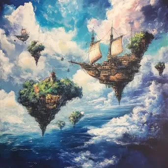 Acrylic and pastel depiction of a Sky pirate navigating through floating islands - Image 2