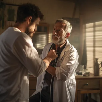 A doctor examining a patient with a stethoscope in a warmly lit office. - Image 1