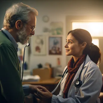 A doctor examining a patient with a stethoscope in a warmly lit office. - Image 3