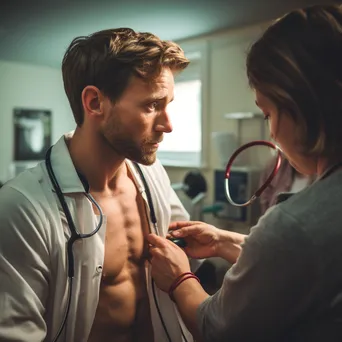 A doctor examining a patient with a stethoscope in a warmly lit office. - Image 4