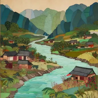 Serene riverscape with mountains and wooden cottages - Image 2