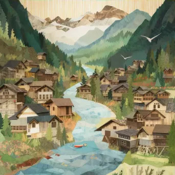 Serene riverscape with mountains and wooden cottages - Image 3