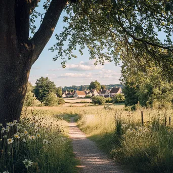 Pathway to historic village framed by trees and wildflowers - Image 1