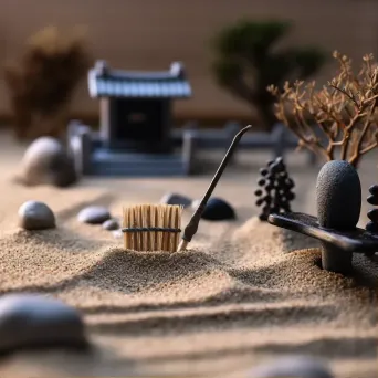 Top view of a Zen garden with rocks, sand patterns, and a rake - Image 1