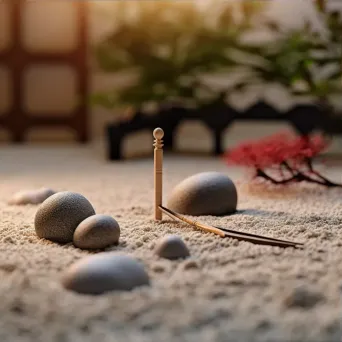 Top view of a Zen garden with rocks, sand patterns, and a rake - Image 3