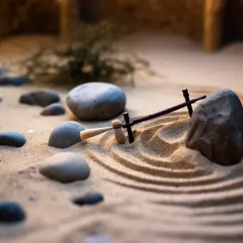 Top view of a Zen garden with rocks, sand patterns, and a rake - Image 4