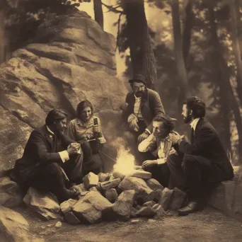 Image illustrating a group of friends around a campfire telling stories after kayaking - Image 4