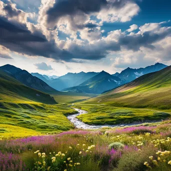 Panoramic view of summer mountain pass with wildflowers - Image 1