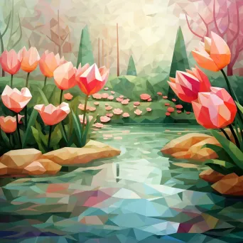 Low poly garden with soft pastel gradients and floral polygons - Image 2