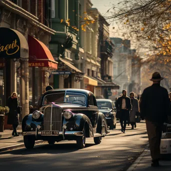 Black and white urban street scene with pedestrians and vintage cars - Image 1