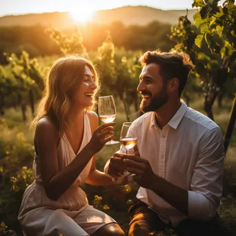 Couple toasting in vineyard at golden hour - Image 2