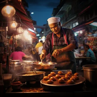 Vendor frying traditional doughnuts on a busy city street. - Image 1