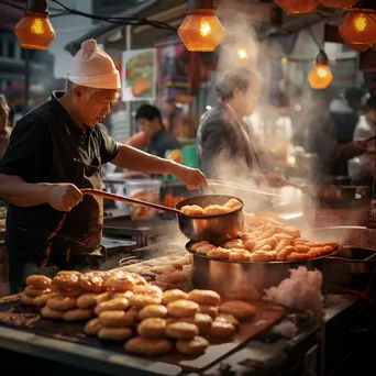 Vendor frying traditional doughnuts on a busy city street. - Image 2