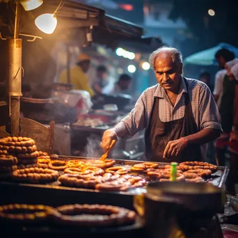 Vendor frying traditional doughnuts on a busy city street. - Image 3