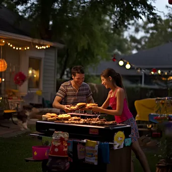 Family Enjoying Grilling Burgers Together