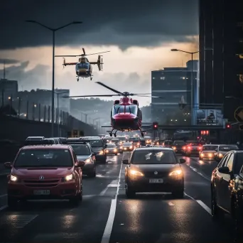 Urban traffic jam with helicopter monitoring, aerial view - Image 1