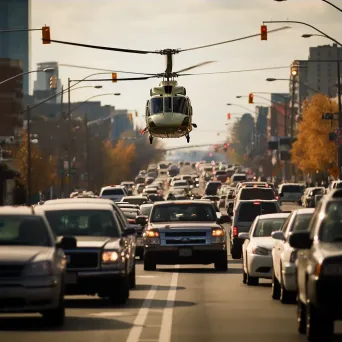 Urban traffic jam with helicopter monitoring, aerial view - Image 3