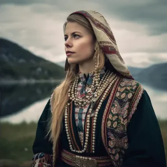 Woman in Norwegian Bunad traditional costume with intricate embroidery and silver accessories in a scenic fjord village. - Image 2