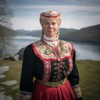 Woman in Norwegian Bunad traditional costume with intricate embroidery and silver accessories in a scenic fjord village. - Image 3