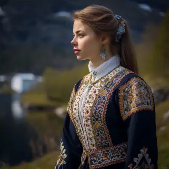 Woman in Norwegian Bunad traditional costume with intricate embroidery and silver accessories in a scenic fjord village. - Image 4