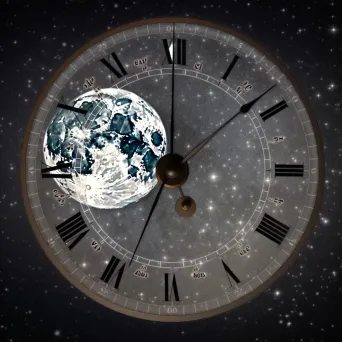 Clock face superimposed on full moon in starry night sky - Image 4