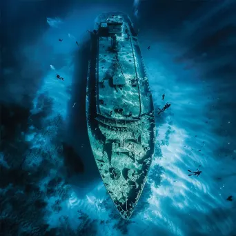 Mysterious Shipwreck with Shadowy Figures Underwater