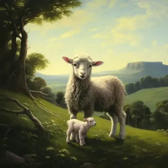 Picture of a newborn lamb in a green meadow with an old sheep watching proudly - Image 1