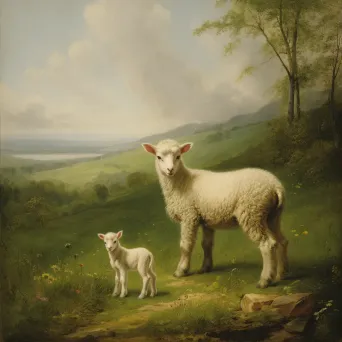 Picture of a newborn lamb in a green meadow with an old sheep watching proudly - Image 3