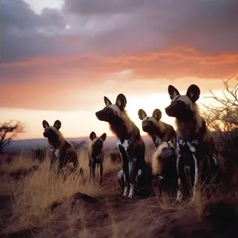 Image of a family of endangered African wild dogs on the savanna landscape at sunset - Image 2