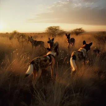 Image of a family of endangered African wild dogs on the savanna landscape at sunset - Image 3